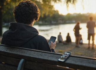 Jugendstudie zur Internetnutzung – Gewinner und Verlierer: Facebook Jugendliche am Seeufer mit Smartphones im warmen Abendlicht