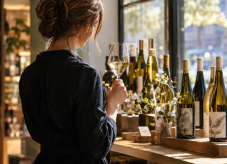 Vintessa – Wo der Wein weiblich ist Hände einer Gründerin neben ausgewählten Weinflaschen in einer hellen Weinhandlung