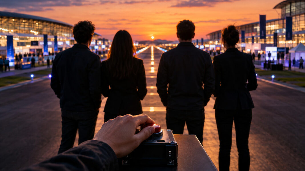 Startup-Contest auf der Startbahn Gründerteam vor einer Startbahn auf einem Messegelände, eine Hand am Startknopf