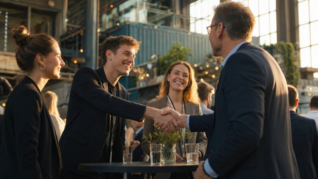 Gründer und Unternehmen vernetzen sich Gründerteam und Unternehmensvertreter geben sich auf einem Eventgelände die Hand