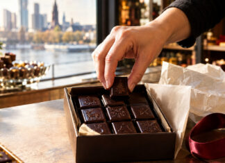 Hand legt Schokolade mit Weihnachtsprägung in eine Geschenkbox in der Confiserie.