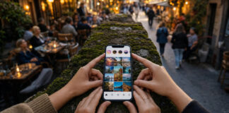 Smartphone mit Instagram-App auf einer Steinmauer, mehrere Hände halten es im warmen Abendlicht