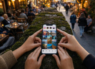 Instagram erreicht 300 Millionen Nutzer Smartphone mit Instagram-App auf einer Steinmauer, mehrere Hände halten es im warmen Abendlicht