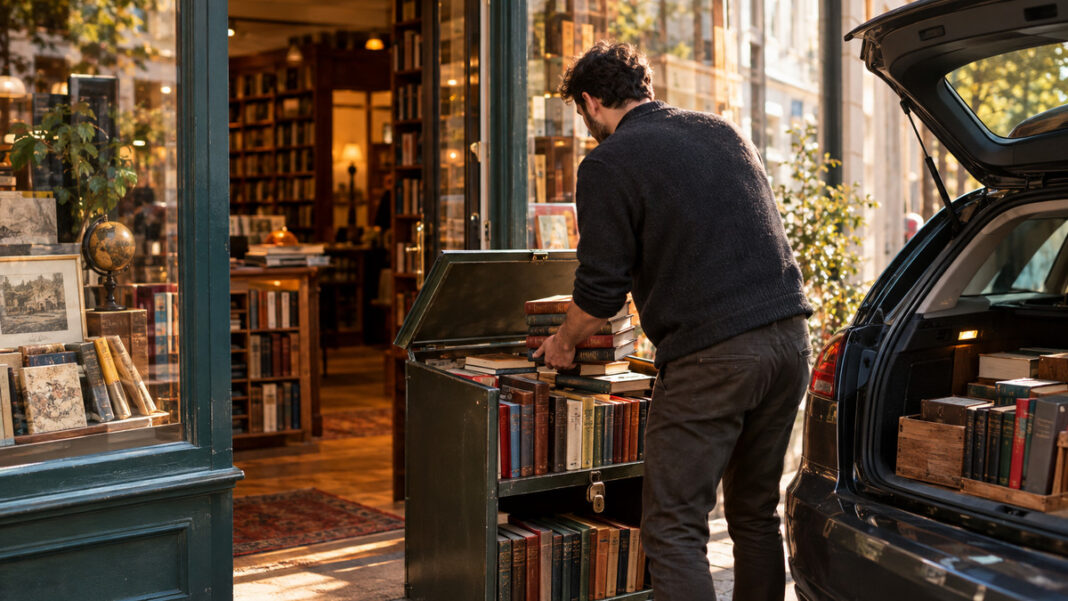 Bücher sortieren im Antiquariat Person von hinten sortiert alte Bücher in einem Antiquariat neben einem Wagen mit Schloss.