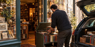 Person von hinten sortiert alte Bücher in einem Antiquariat neben einem Wagen mit Schloss.