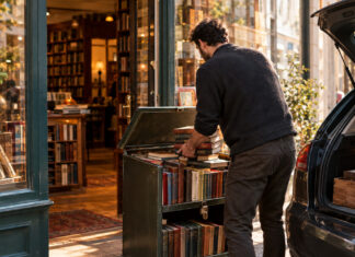 Lockengelöt: Schlüsselromane und mehr Person von hinten sortiert alte Bücher in einem Antiquariat neben einem Wagen mit Schloss.