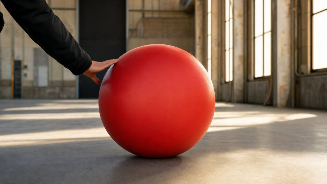 Dämliche App-Idee Ein roter Gummiball liegt in einer Werkhalle und wird von hinten von einer Hand angestoßen.