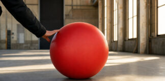 Ein roter Gummiball liegt in einer Werkhalle und wird von hinten von einer Hand angestoßen.