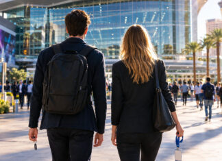 Gründerpaar vor dem Las Vegas Convention Center mit Messebadge und Schlüsselanhänger