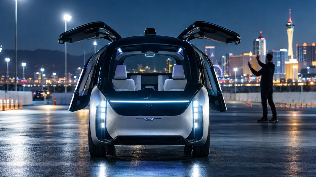 Autonomes Konzeptauto auf beleuchteter Teststrecke bei Nacht, eine Hand zeigt Gesten im Hintergrund