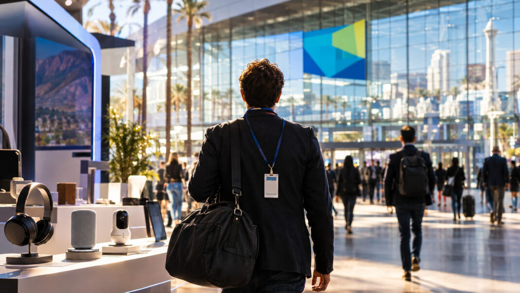 CES Las Vegas Messeeingang Person mit Reisetasche vor dem Eingang der CES in Las Vegas, daneben ein moderner Messestand