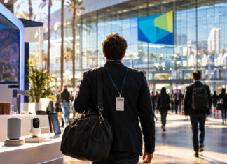 Person mit Reisetasche vor dem Eingang der CES in Las Vegas, daneben ein moderner Messestand