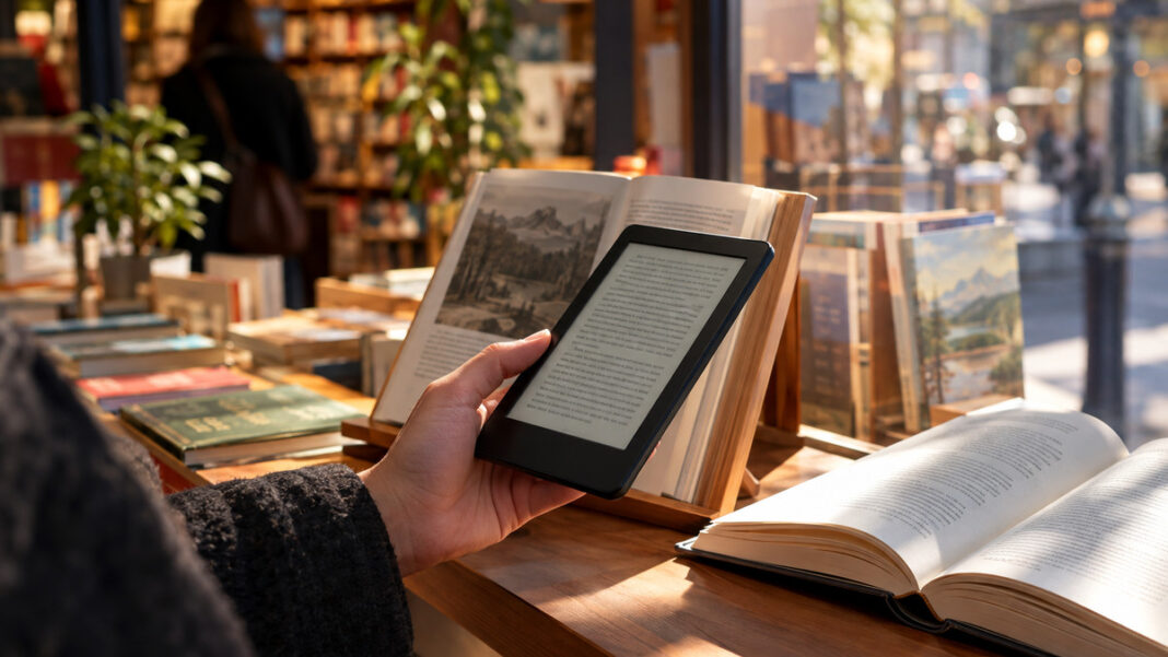 Hand hält E-Reader über Büchern in einer Buchhandlung, warmes Fensterlicht