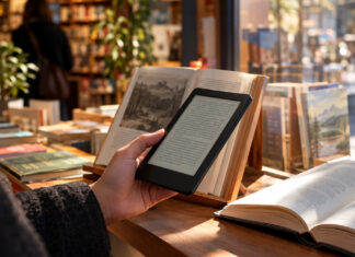 Hand hält E-Reader über Büchern in einer Buchhandlung, warmes Fensterlicht