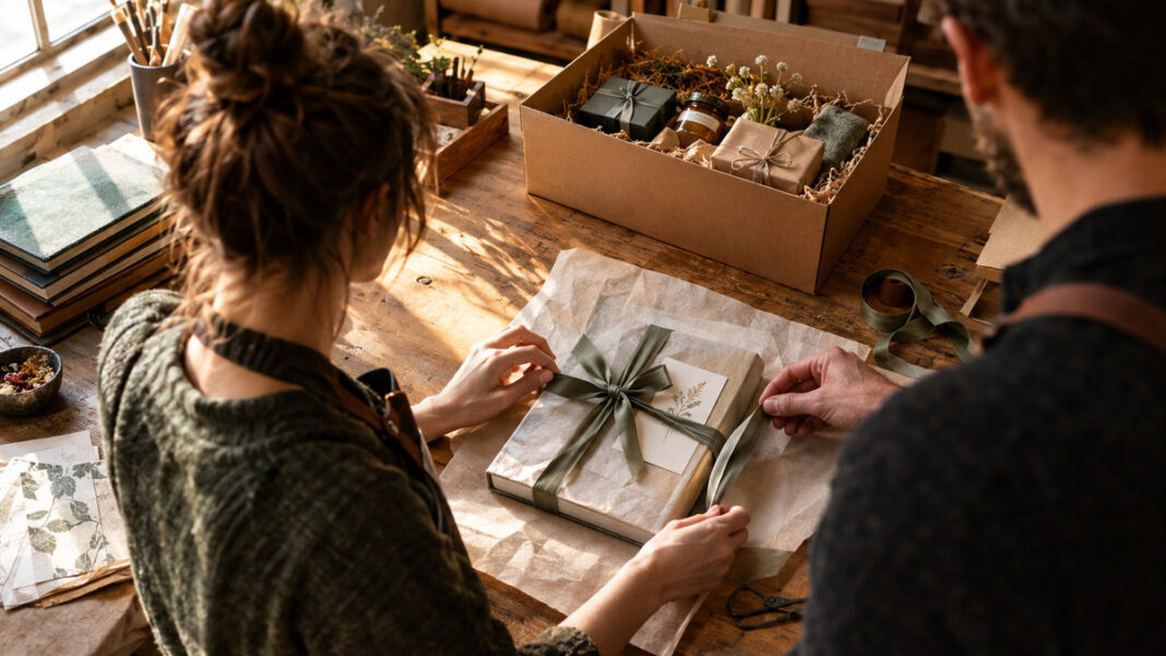 Buch als Geschenk verpacken Gründerpaar verpackt ein Buchgeschenk in einer Buchbinderei, warmes Tageslicht
