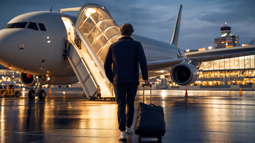 Gründer mit Reisetasche am Flughafen vor dem Flugzeug beim Aufbruch zur SXSW
