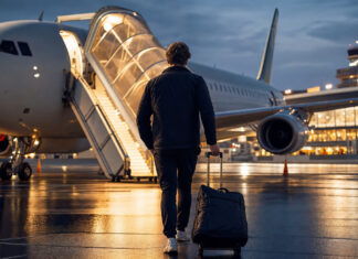 Gründer mit Reisetasche am Flughafen vor dem Flugzeug beim Aufbruch zur SXSW