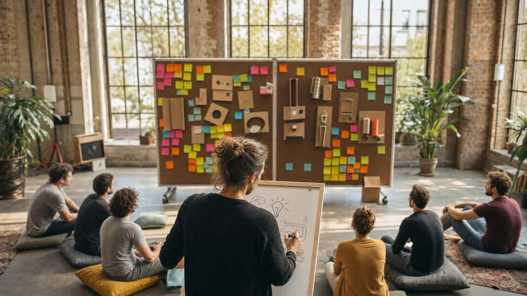 Gruppe beim Hackweekend vor Pinnwand mit Karten und Prototypen im Tageslicht