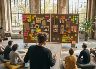 Gruppe beim Hackweekend vor Pinnwand mit Karten und Prototypen im Tageslicht