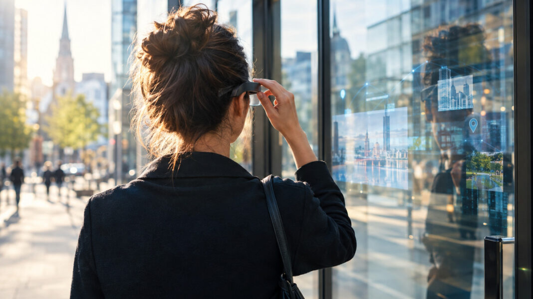 Datenbrille in der Innenstadt Person setzt in der Innenstadt eine Datenbrille auf, Spiegelung in Glastür