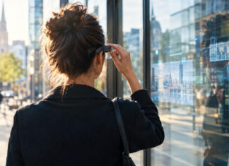 Person setzt in der Innenstadt eine Datenbrille auf, Spiegelung in Glastür