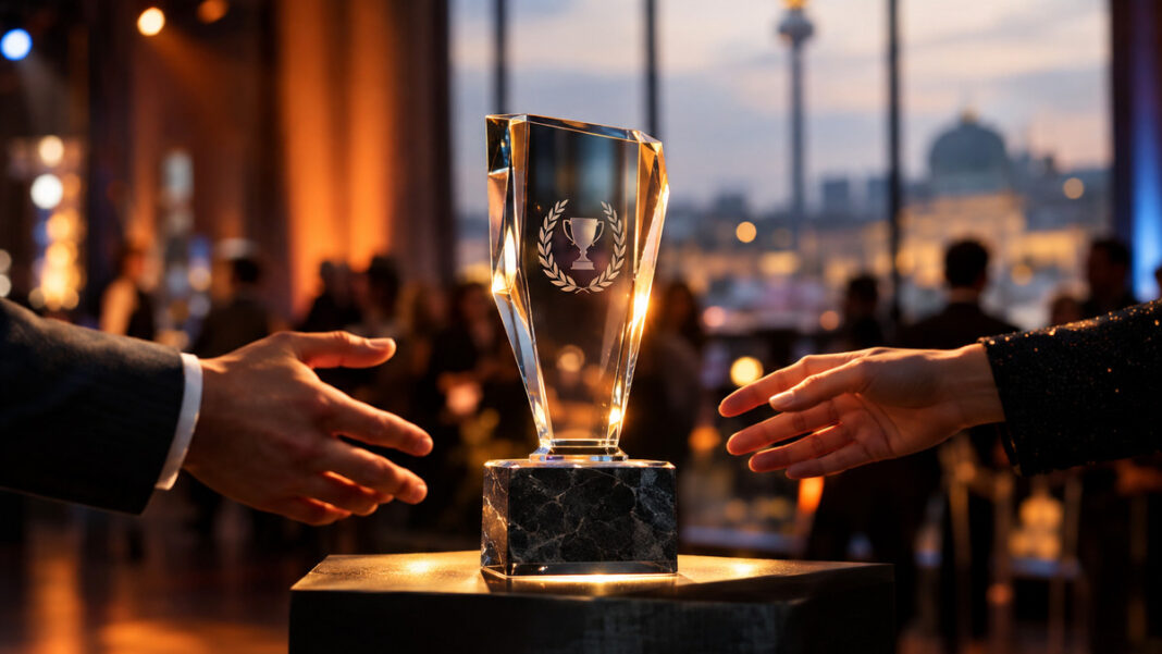 Hände überreichen einen gläsernen Award auf einem Sockel in warmem Bühnenlicht.