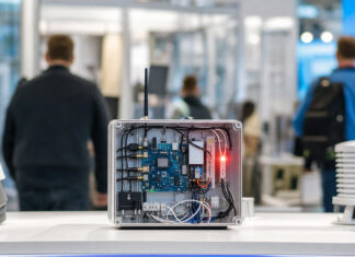 IoT-Prototypen auf einem Messestand mit Sensoren, Kabeln und leuchtender LED