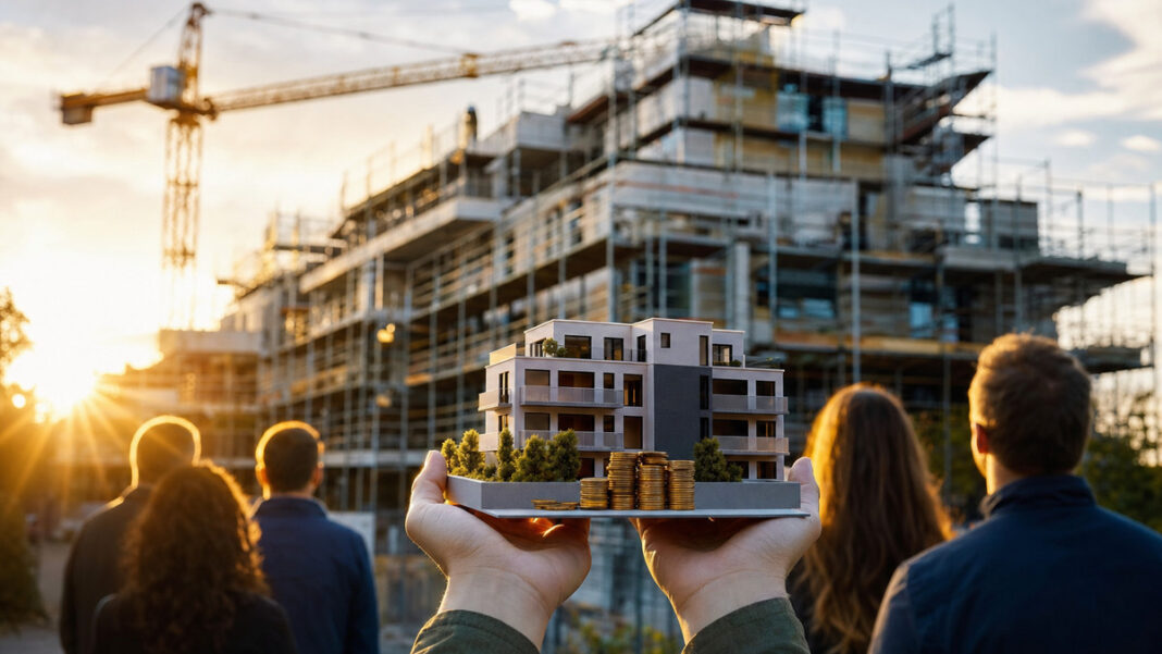 Hände halten ein Miniatur-Haus vor einem Mehrfamilienhaus im Rohbau auf einer Baustelle.