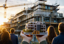 Hände halten ein Miniatur-Haus vor einem Mehrfamilienhaus im Rohbau auf einer Baustelle.
