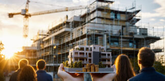 Hände halten ein Miniatur-Haus vor einem Mehrfamilienhaus im Rohbau auf einer Baustelle.
