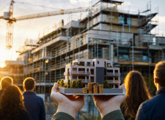 Hände halten ein Miniatur-Haus vor einem Mehrfamilienhaus im Rohbau auf einer Baustelle.