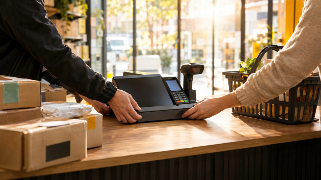 Paymorrow-Shopgate Kooperation Zwei Hände verbinden Kasse und Handy-Scanner im Paketshop neben versandfertigen Bestellungen