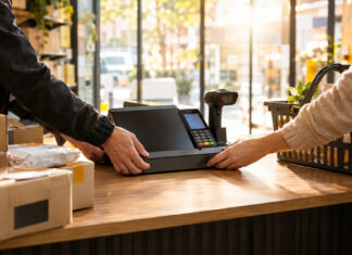 Zwei Hände verbinden Kasse und Handy-Scanner im Paketshop neben versandfertigen Bestellungen