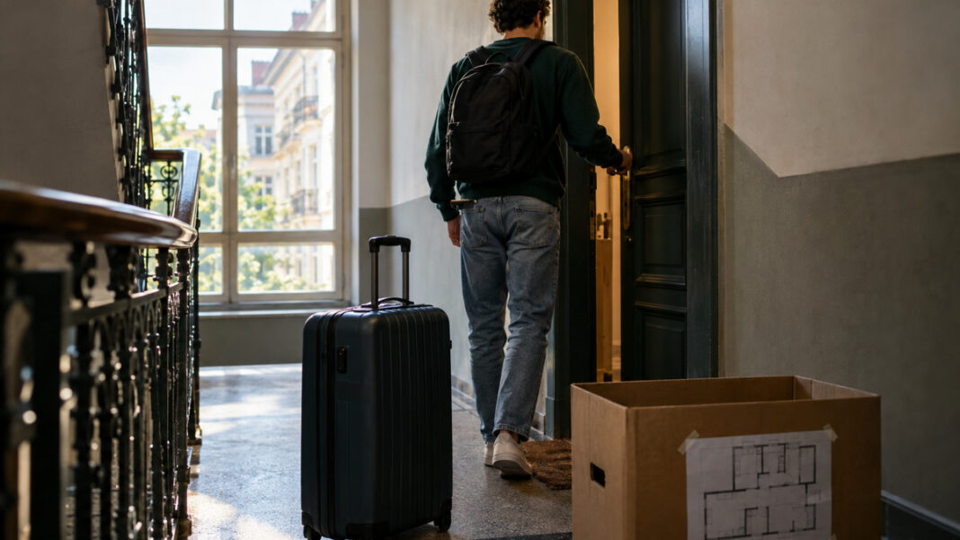 Mann mit Koffer vor einer Wohnungstür im Altbau-Treppenhaus, natürliches Licht