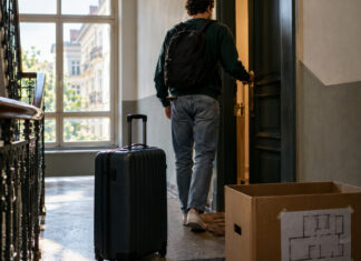 Mann mit Koffer vor einer Wohnungstür im Altbau-Treppenhaus, natürliches Licht
