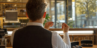 Optiker hält eine Brille in einer modernen Werkstatt bei natürlichem Licht
