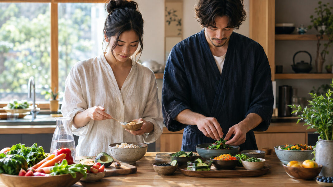 Gesünder leben mit Kenkodo Zwei Personen bereiten in einer Teeküche gesundes Essen mit Obst, Gemüse und Wasser zu.