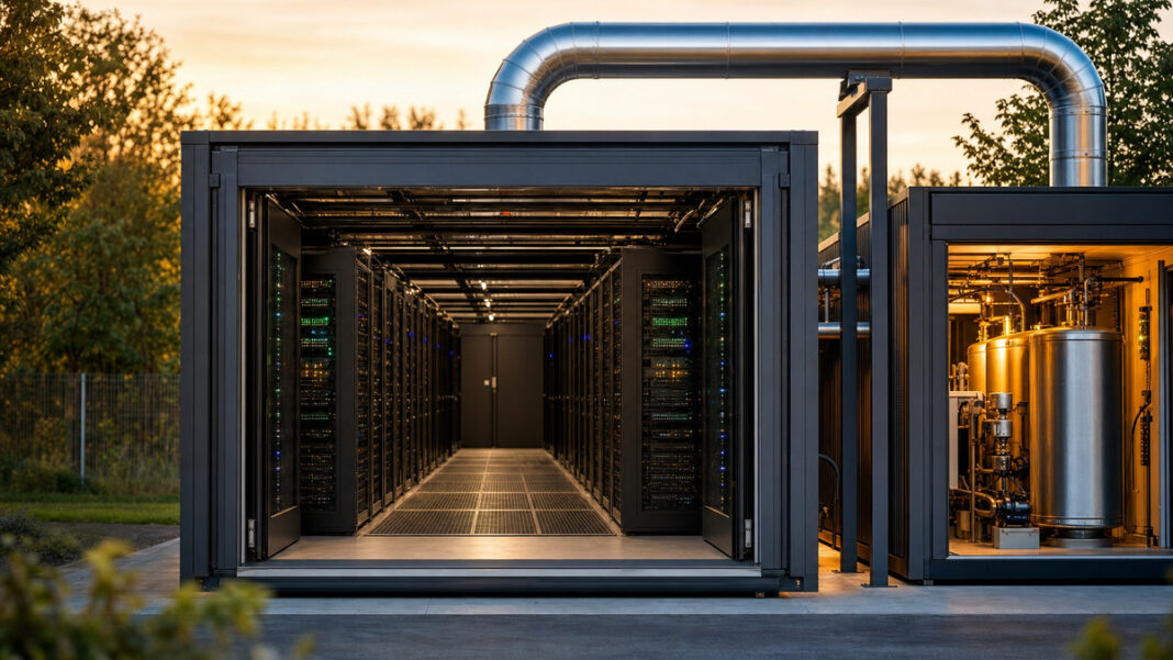 Serverracks leiten Abwärme in ein Heizsystem eines Gebäudes.