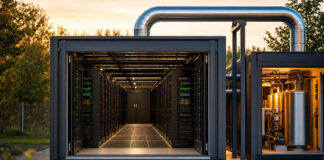 Serverracks leiten Abwärme in ein Heizsystem eines Gebäudes.