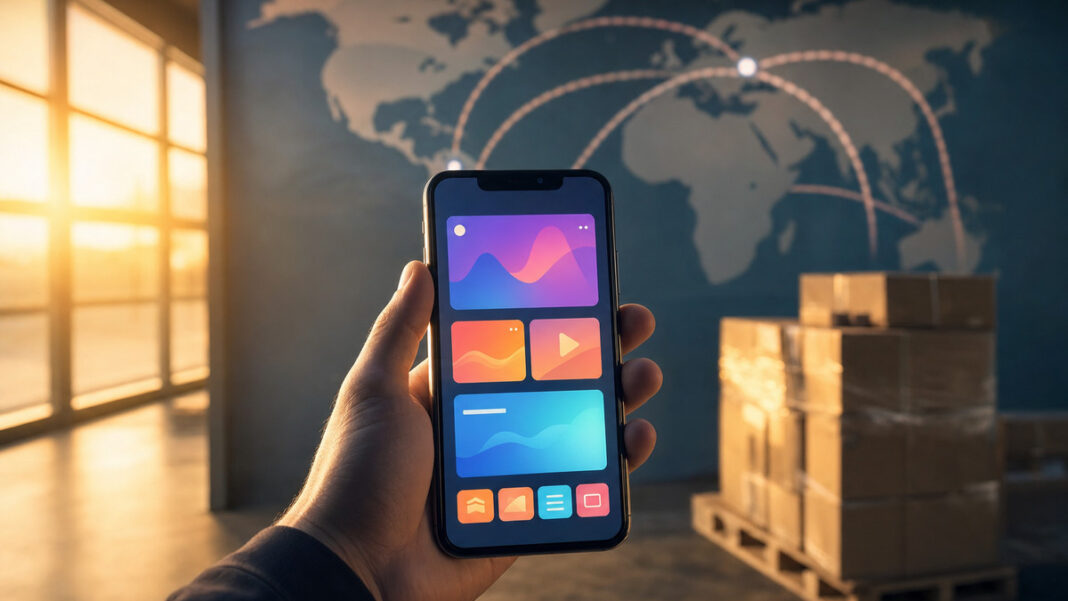 Performance Marketing BRIC Hand hält Smartphone vor Weltkarte und Paketen in einer Logistikhalle