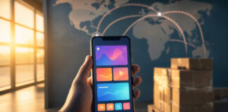 Hand hält Smartphone vor Weltkarte und Paketen in einer Logistikhalle