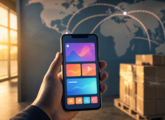 Hand hält Smartphone vor Weltkarte und Paketen in einer Logistikhalle