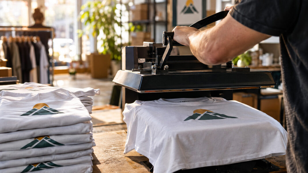 Hand an Textilpresse mit frisch bedrucktem Startup-T-Shirt in der Werkstatt.