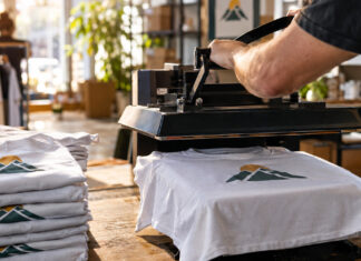 Hand an Textilpresse mit frisch bedrucktem Startup-T-Shirt in der Werkstatt.