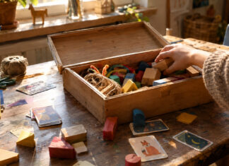 Geöffnete Bastelbox mit Spiel- und Bastelteilen, eine Hand räumt auf, warmes Licht am Fenster