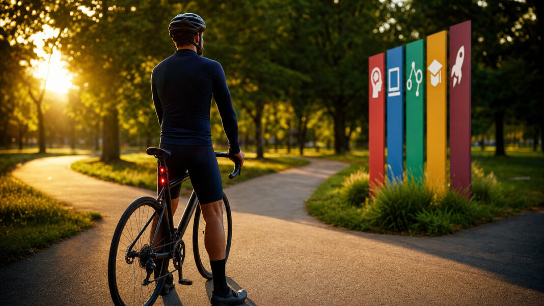 Radfahrer an einer Weggabelung mit Lernpfad und Wegweisern im Abendlicht
