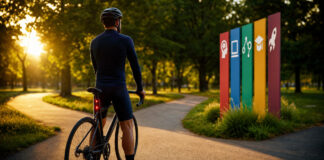 Radfahrer an einer Weggabelung mit Lernpfad und Wegweisern im Abendlicht