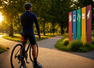 Radfahrer an einer Weggabelung mit Lernpfad und Wegweisern im Abendlicht