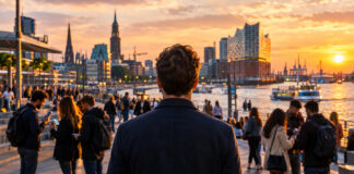 Menschen mit Smartphones auf einer Hamburger Uferpromenade im Abendlicht, eine Person von hinten im Vordergrund