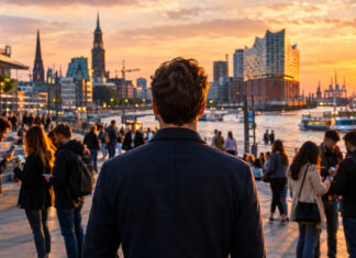 Menschen mit Smartphones auf einer Hamburger Uferpromenade im Abendlicht, eine Person von hinten im Vordergrund